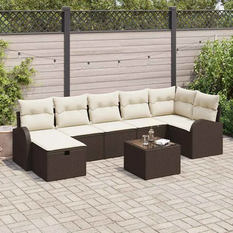 Conjunto de sofá de jardín con cojín 8 pcs Marrón Poliratán