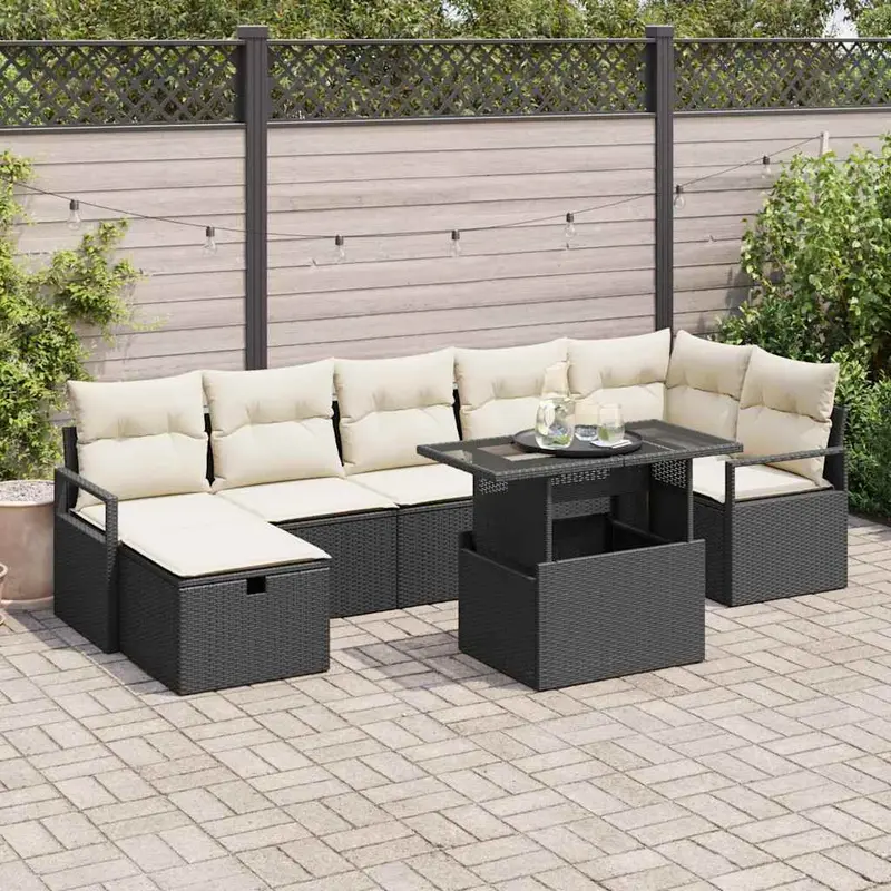 Conjunto de sofá de jardín con cojín 8 pcs Negro Poliratán