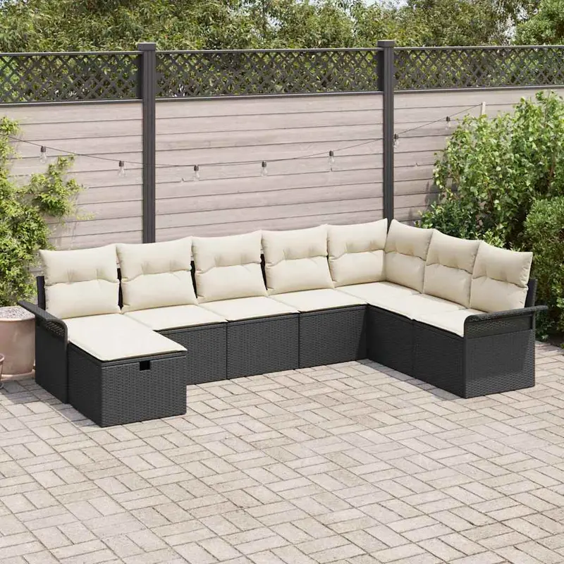 Conjunto de sofá de jardín con cojín 8 pcs Negro Poliratán