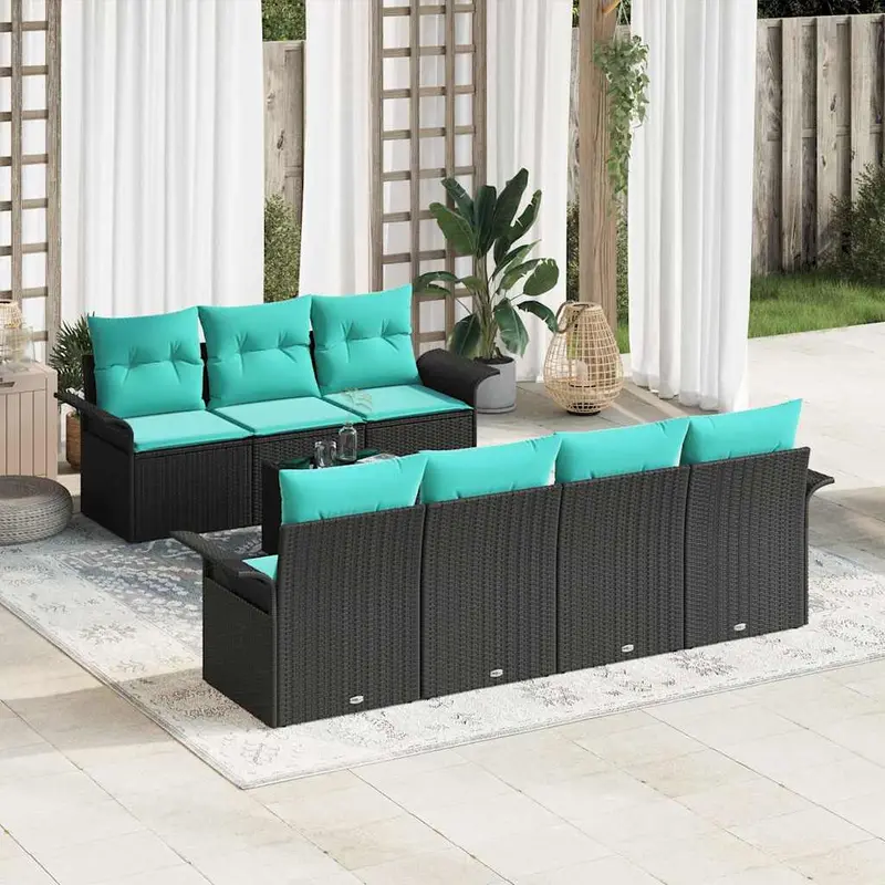 Conjunto de sofá de jardín con cojín 8 pcs Negro y Turquesa