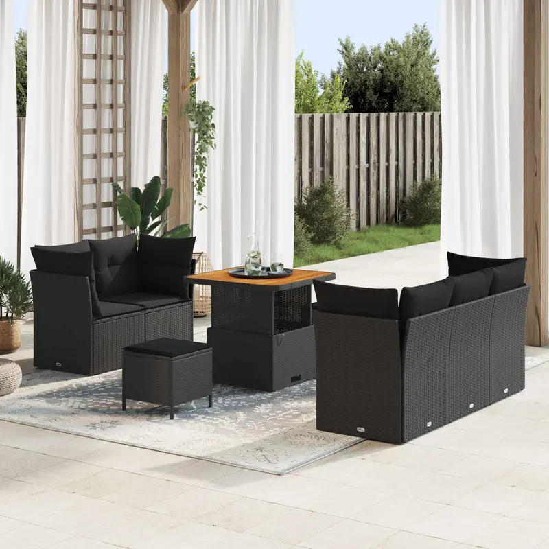 Conjunto de sofá de jardín con cojín 8 pcs Negro