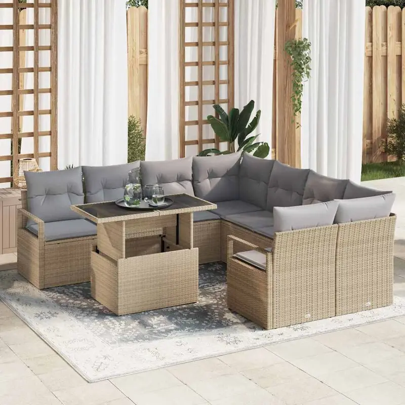 Conjunto de sofá de jardín con cojín 9 pcs Beige Poliratán