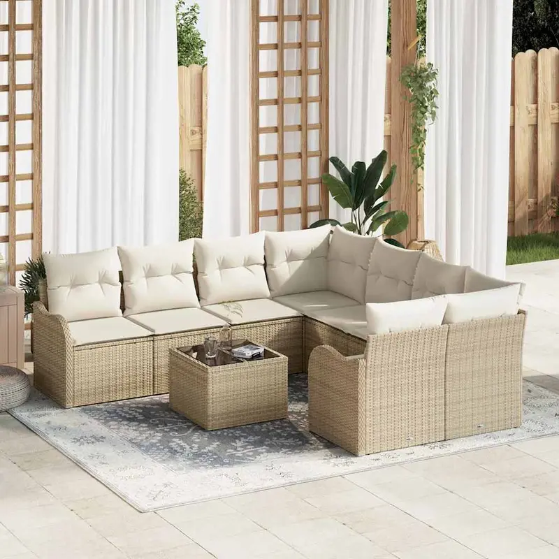 Conjunto de sofá de jardín con cojín 9 pcs Beige y Crema