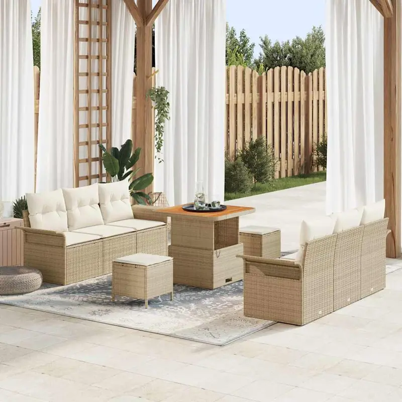 Conjunto de sofá de jardín con cojín 9 pcs Beige y Crema