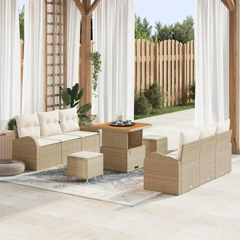 Conjunto de sofá de jardín con cojín 9 pcs Beige y Crema