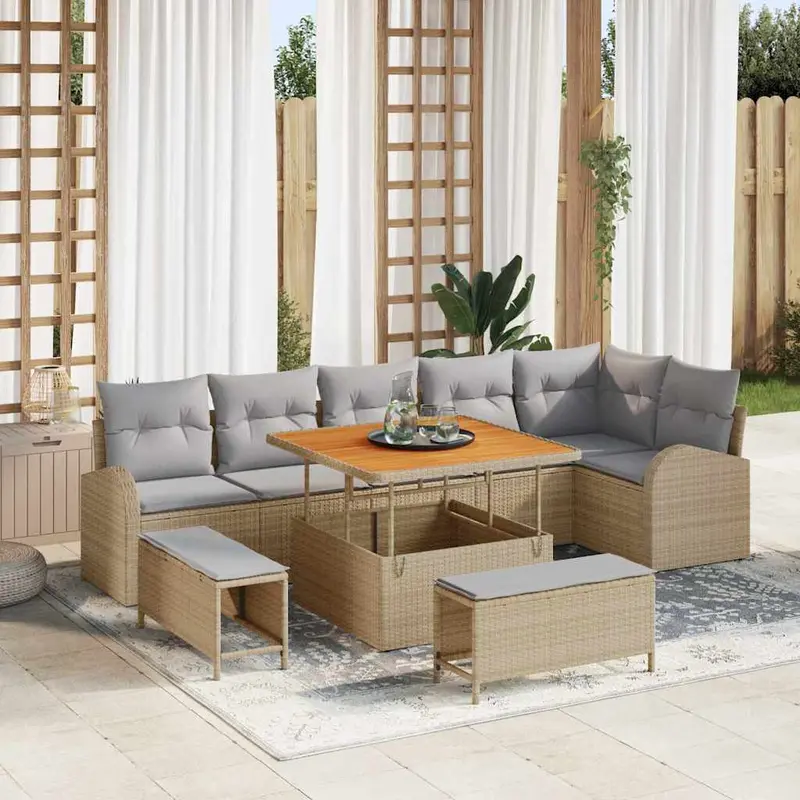 Conjunto de sofá de jardín con cojín 9 pcs Beige y Gris Claro