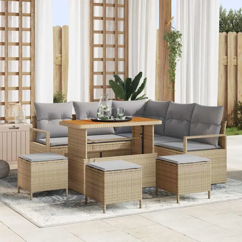 Conjunto de sofá de jardín con cojín 9 pcs Beige y Gris Claro