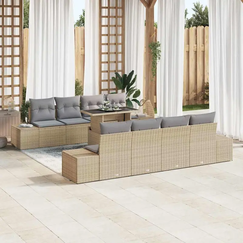 Conjunto de sofá de jardín con cojín 9 pcs Beige y Gris Claro