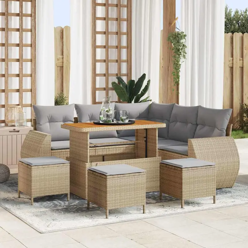 Conjunto de sofá de jardín con cojín 9 pcs Beige y Gris Claro