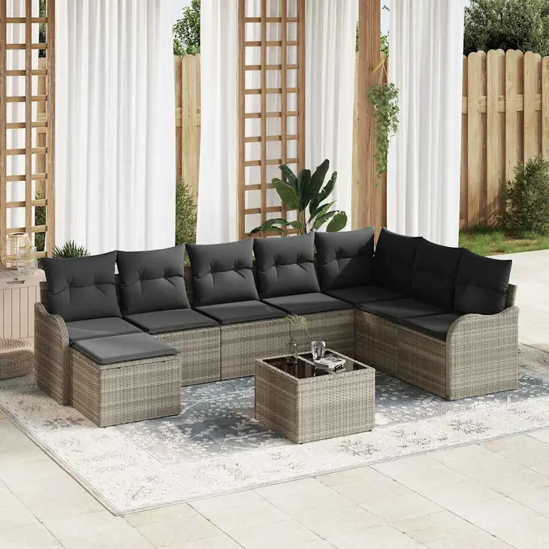 Conjunto de sofá de jardín con cojín 9 pcs Gris claro Poliratán