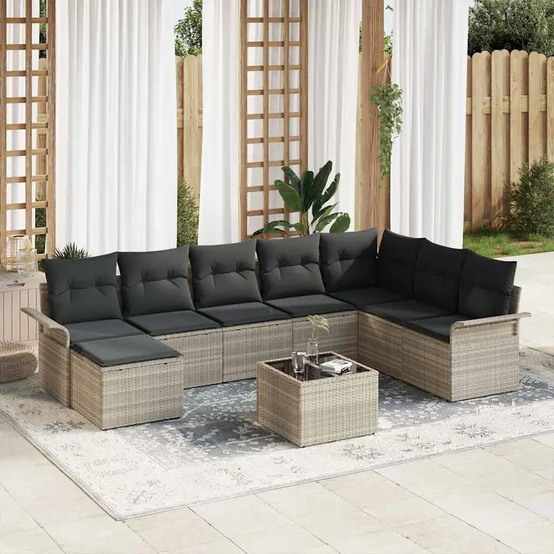 Conjunto de sofá de jardín con cojín 9 pcs Gris claro Poliratán