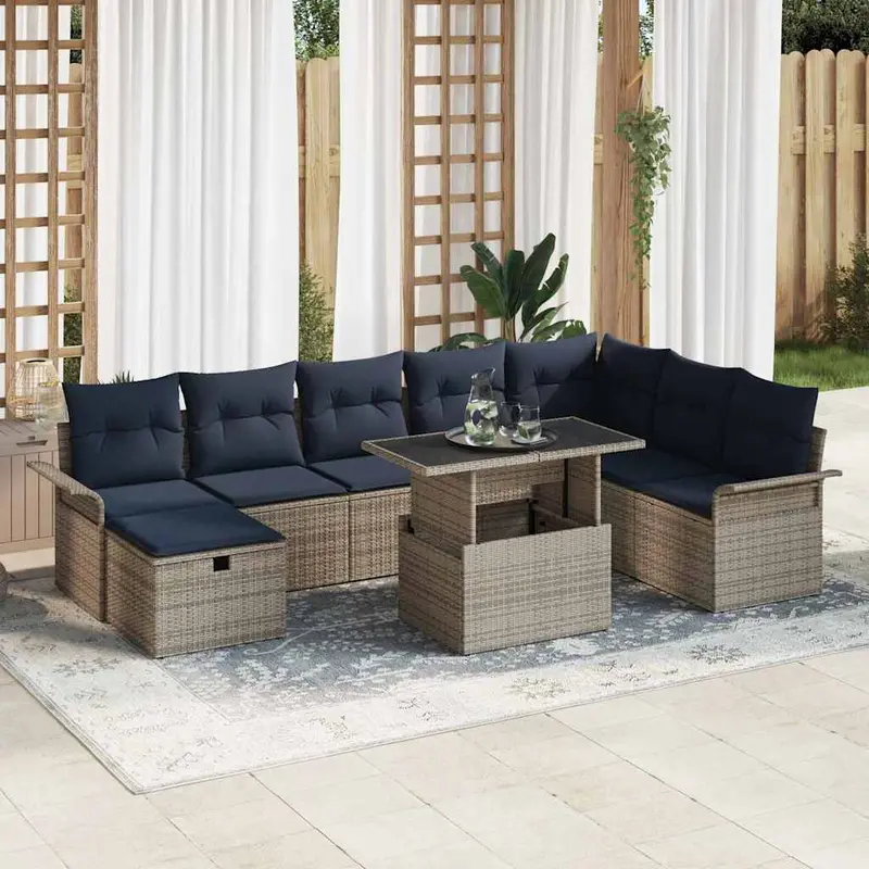 Conjunto de sofá de jardín con cojín 9 pcs Gris Poliratán
