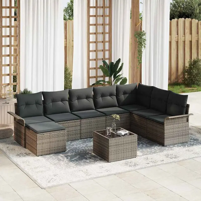 Conjunto de sofá de jardín con cojín 9 pcs Gris Poliratán