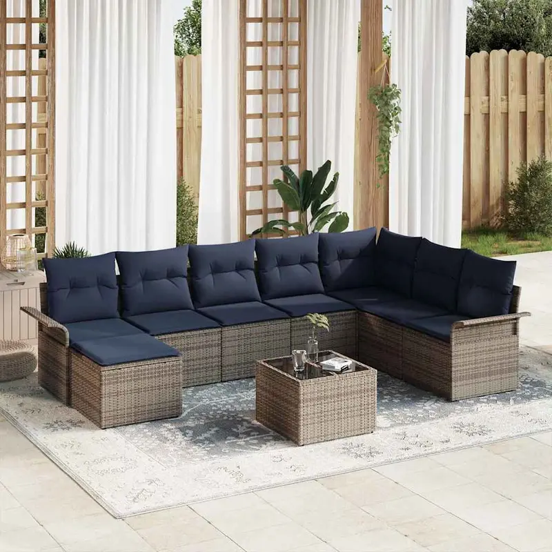Conjunto de sofá de jardín con cojín 9 pcs Gris Poliratán