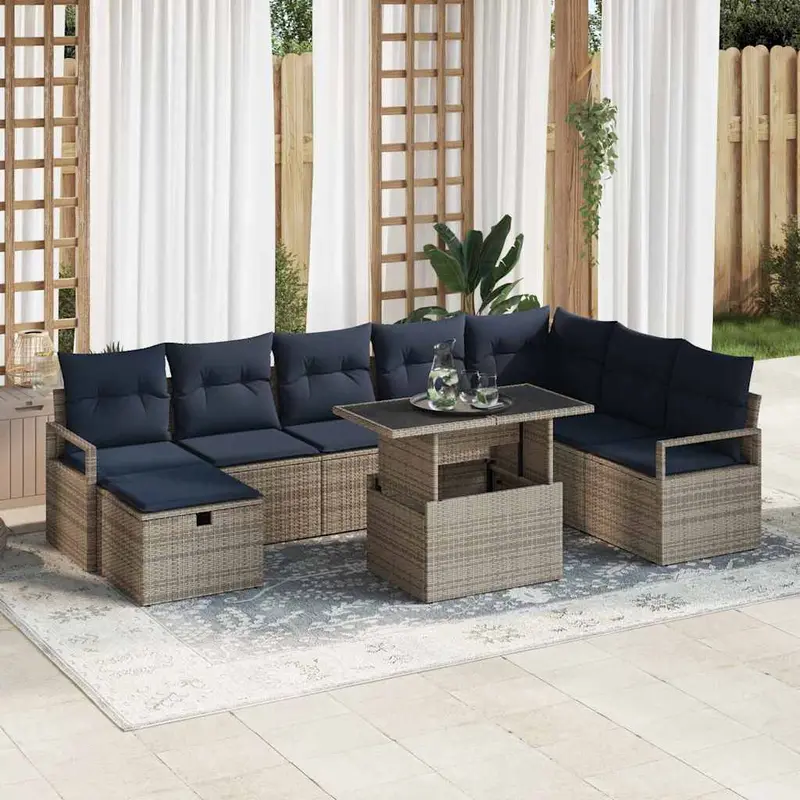 Conjunto de sofá de jardín con cojín 9 pcs Gris Poliratán