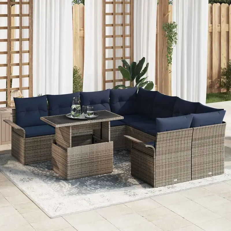Conjunto de sofá de jardín con cojín 9 pcs Gris Poliratán