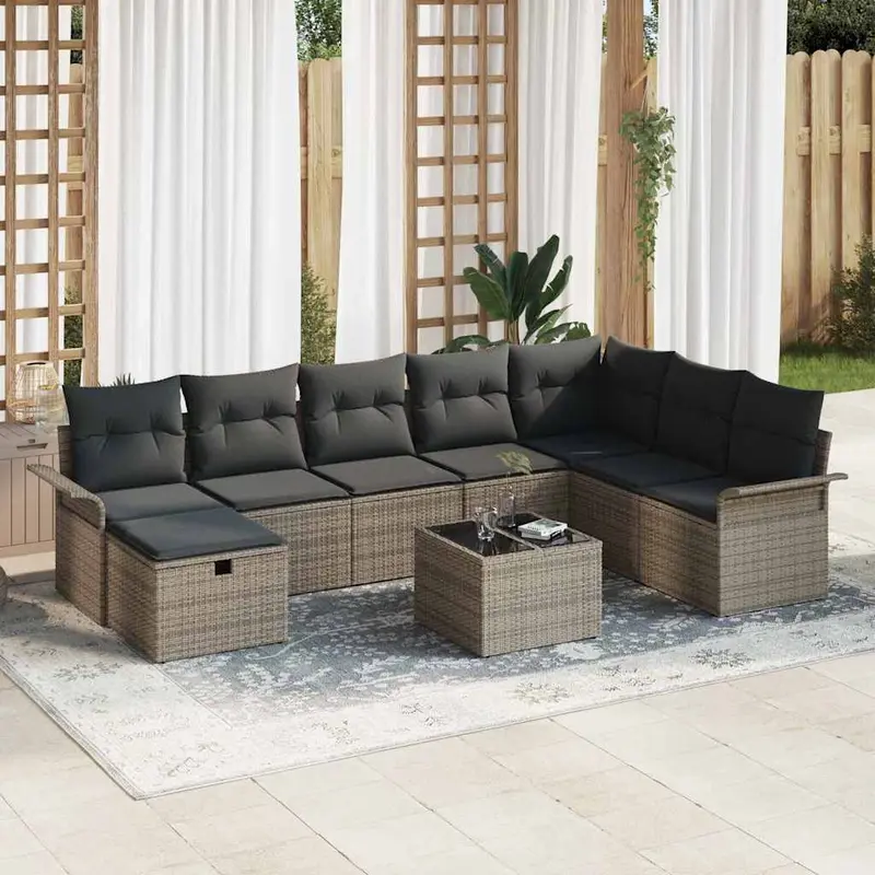 Conjunto de sofá de jardín con cojín 9 pcs Gris ratán sintético