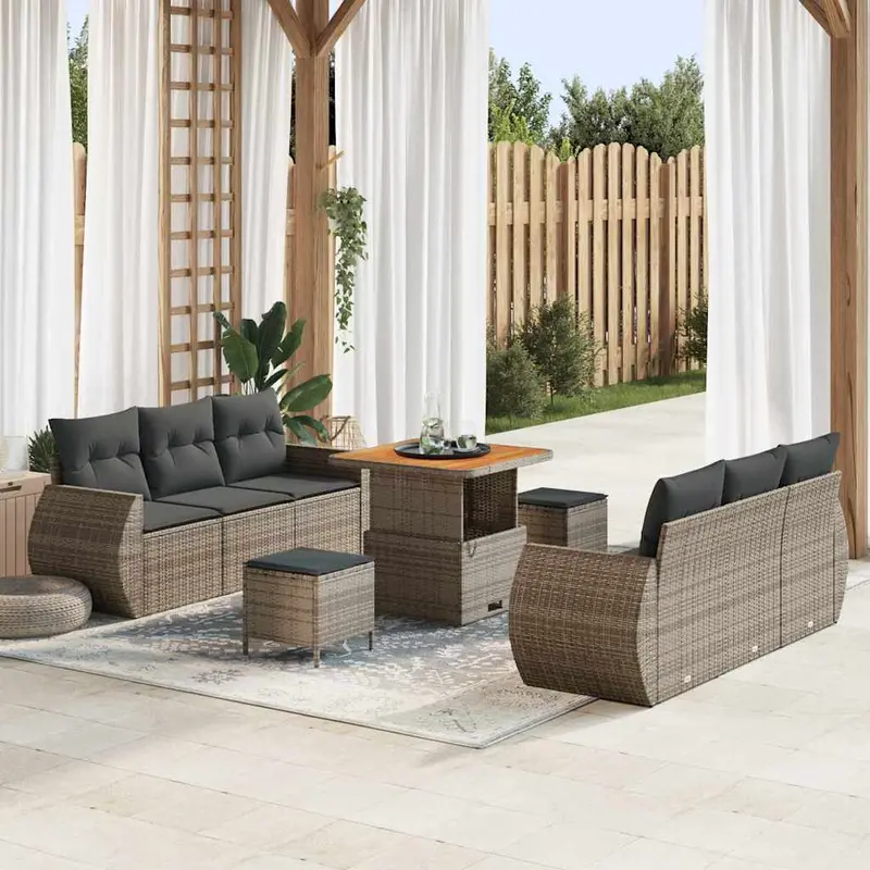 Conjunto de sofá de jardín con cojín 9 pcs Gris ratán sintético