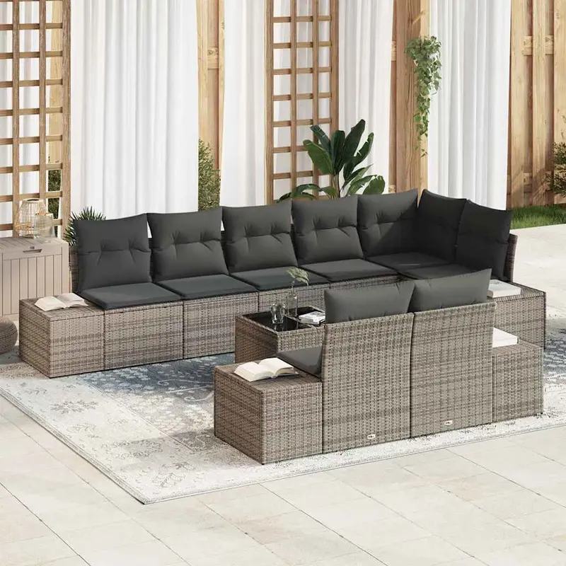 Conjunto de sofá de jardín con cojín 9 pcs Gris ratán sintético