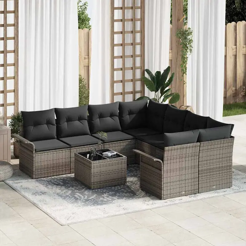 Conjunto de sofá de jardín con cojín 9 pcs Gris ratán sintético