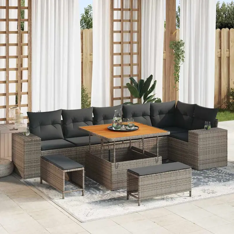 Conjunto de sofá de jardín con cojín 9 pcs Gris ratán sintético