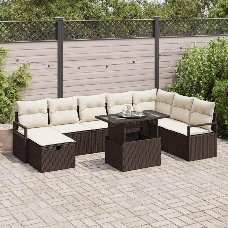Conjunto de sofá de jardín con cojín 9 pcs Marrón Poliratán