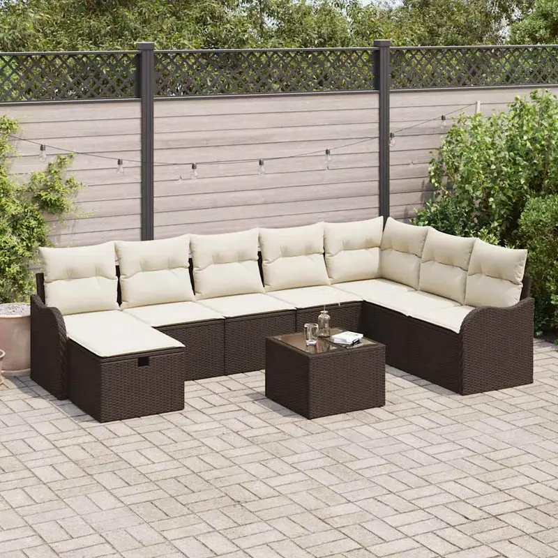 Conjunto de sofá de jardín con cojín 9 pcs Marrón Poliratán