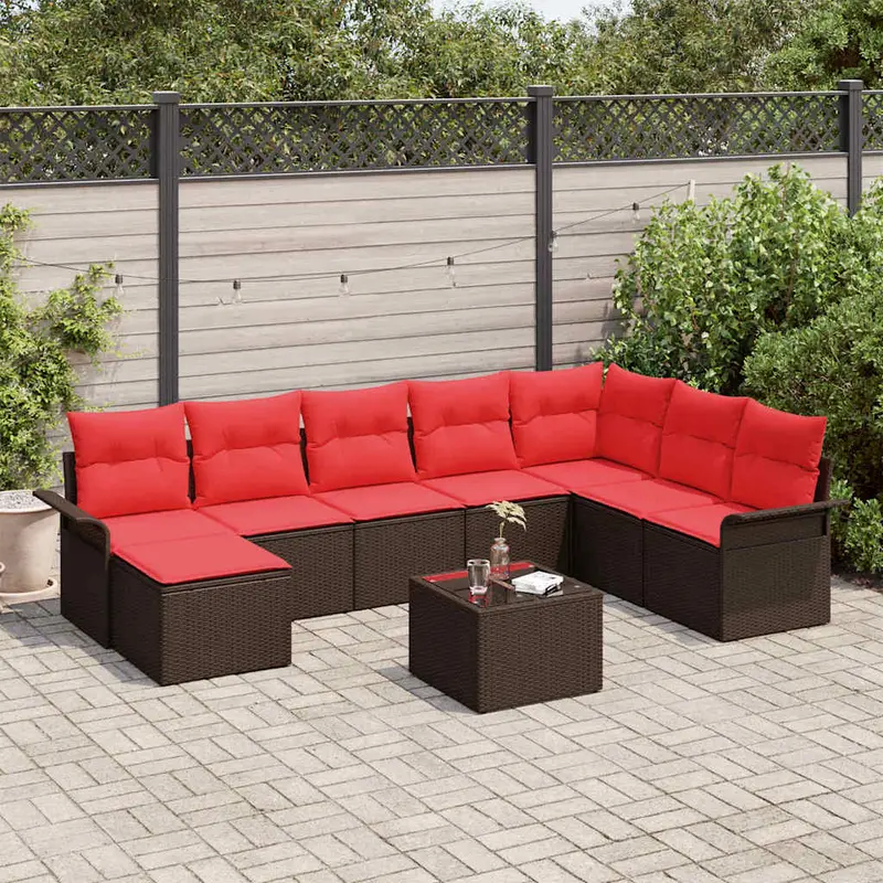 Conjunto de sofá de jardín con cojín 9 pcs Marrón Poliratán