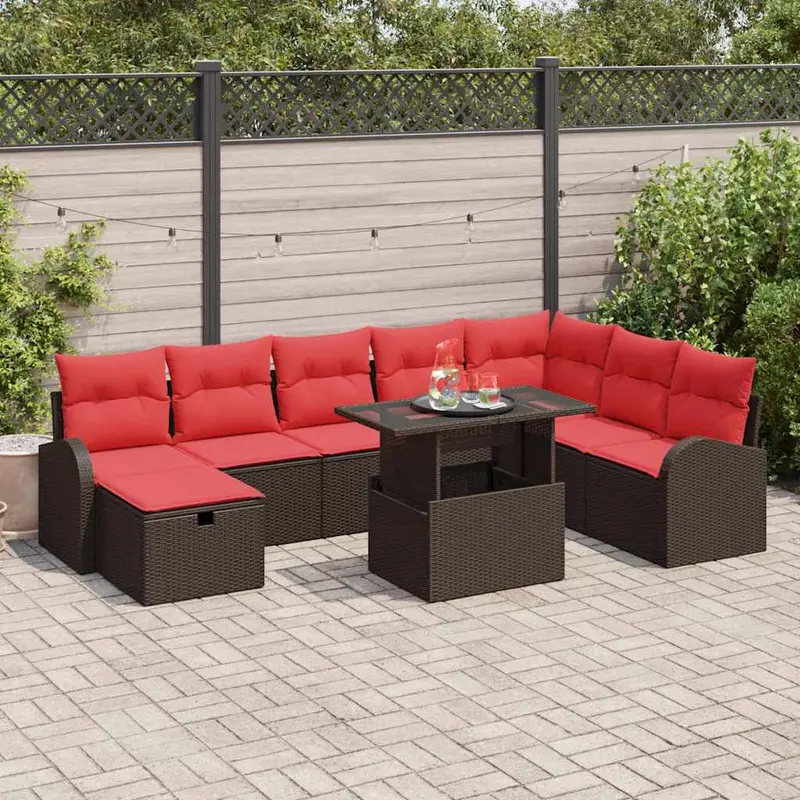 Conjunto de sofá de jardín con cojín 9 pcs Marrón Poliratán