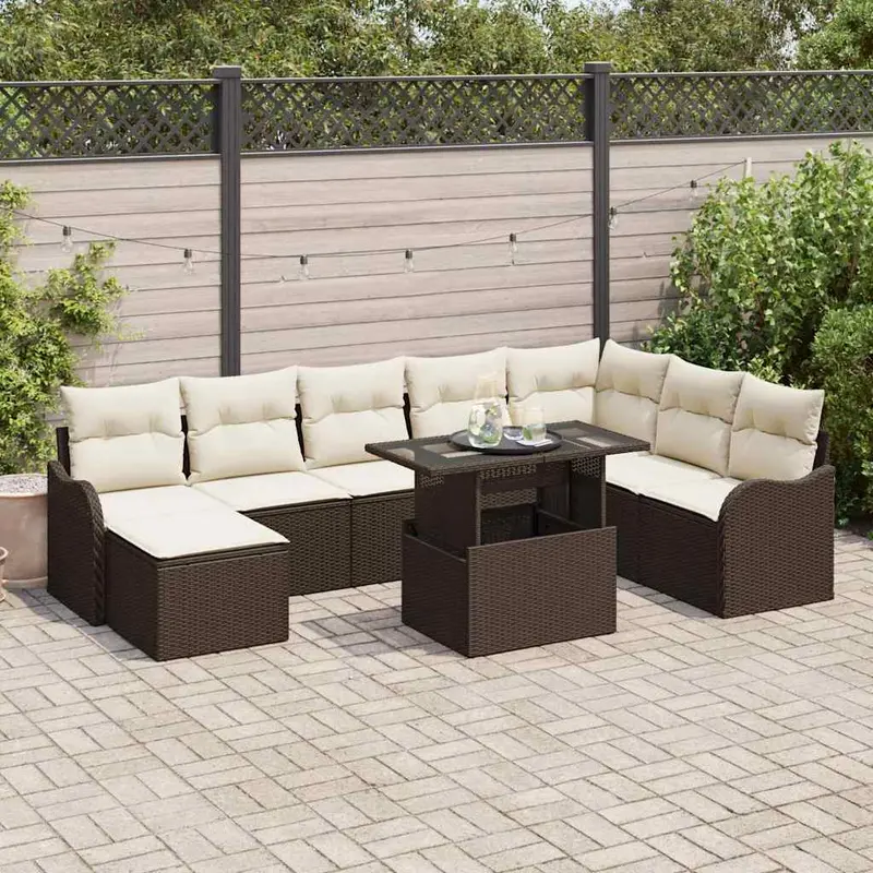 Conjunto de sofá de jardín con cojín 9 pcs Marrón Poliratán