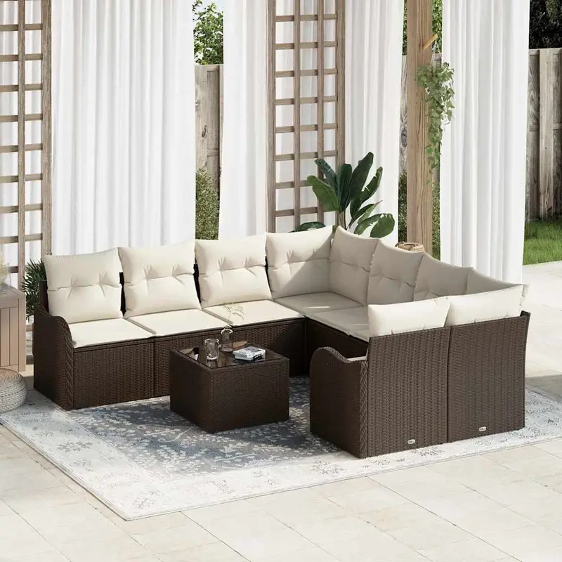 Conjunto de sofá de jardín con cojín 9 pcs Marrón y crema