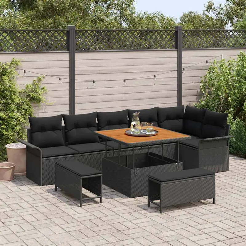 Conjunto de sofá de jardín con cojín 9 pcs Negro