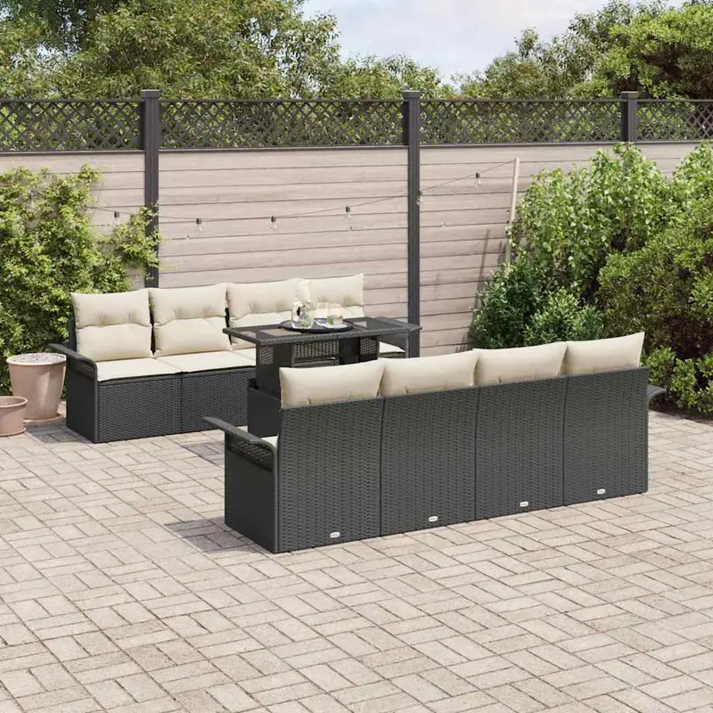 Conjunto de sofá de jardín con cojín 9 pcs Negro Poliratán