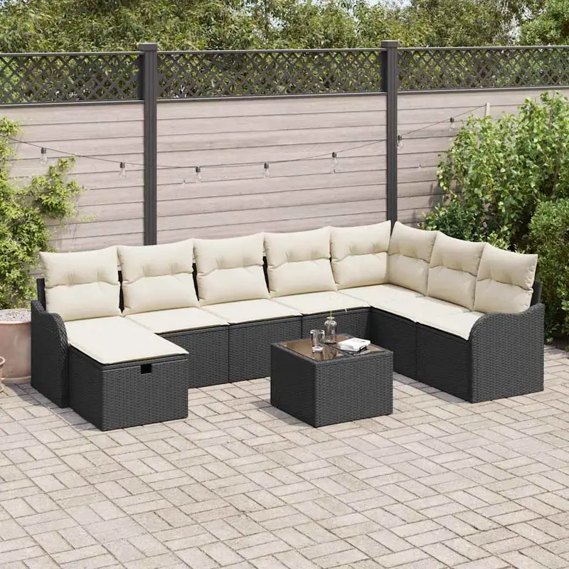 Conjunto de sofá de jardín con cojín 9 pcs Negro Poliratán