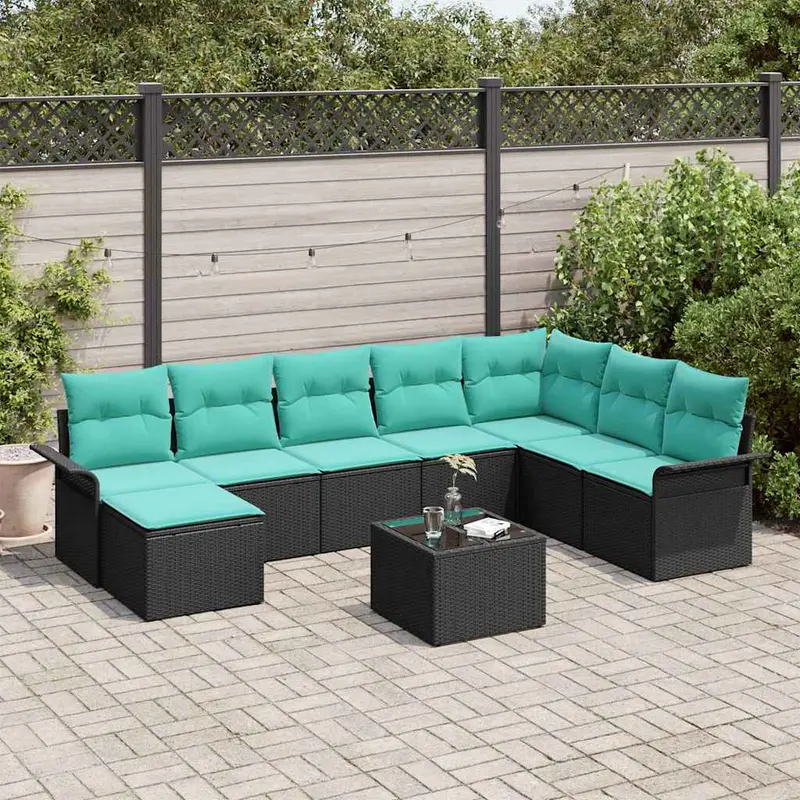 Conjunto de sofá de jardín con cojín 9 pcs Negro Poliratán