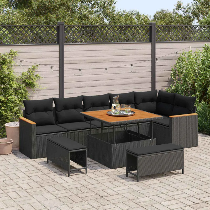 Conjunto de sofá de jardín con cojín 9 pcs Negro Poliratán