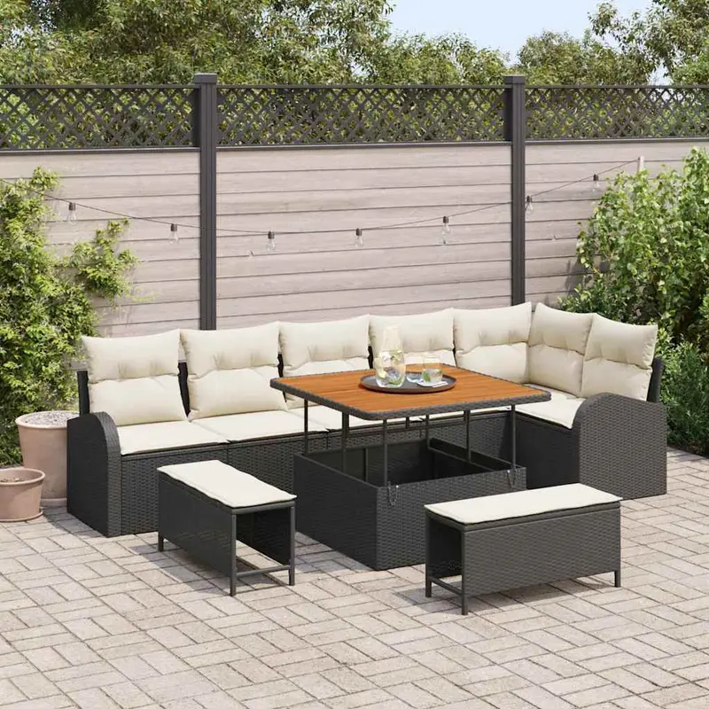 Conjunto de sofá de jardín con cojín 9 pcs Negro y crema