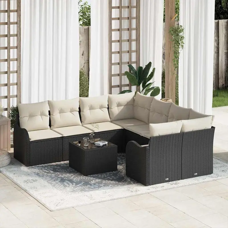 Conjunto de sofá de jardín con cojín 9 pcs Negro y crema