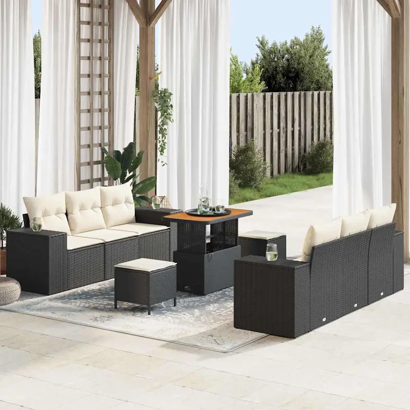 Conjunto de sofá de jardín con cojín 9 pcs Negro y crema