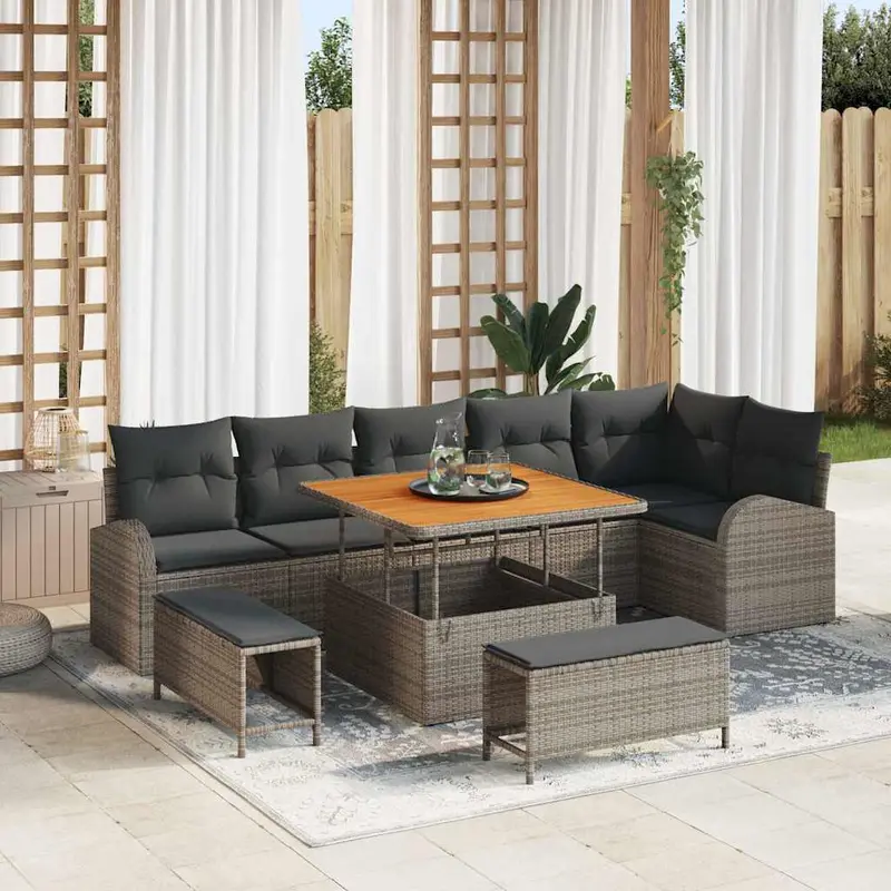 Conjunto de sofá de jardín con cojín con almohada 9 pcs Gris