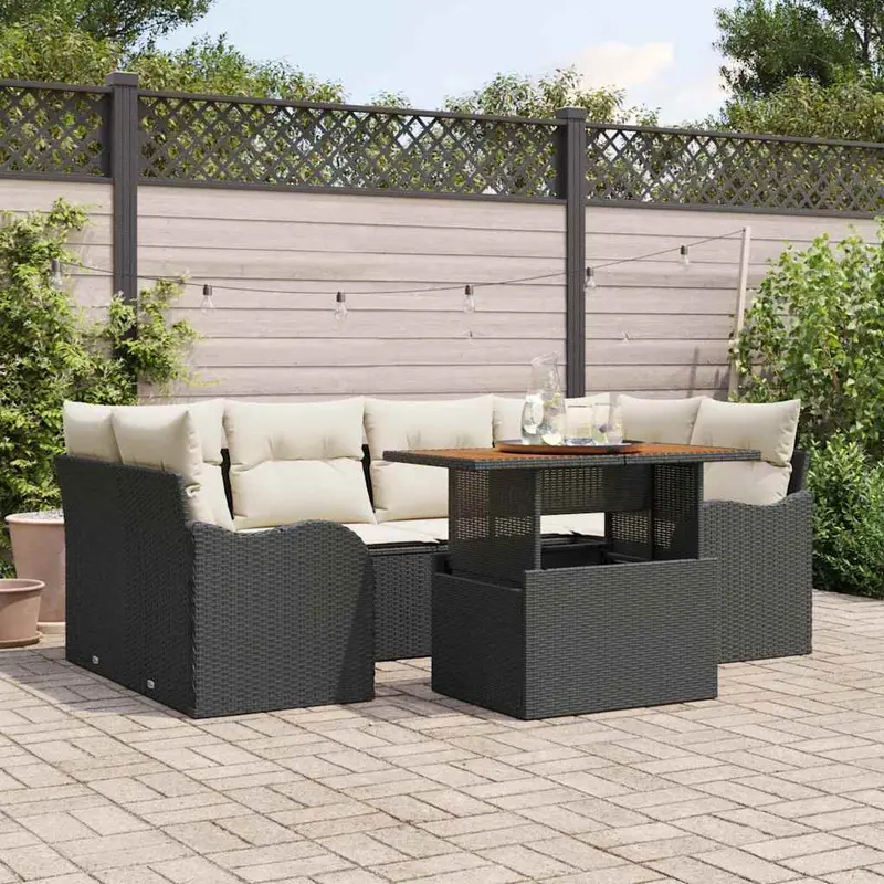 Conjunto de sofá de jardín con cojín Manual 7 pcs Negro y crema