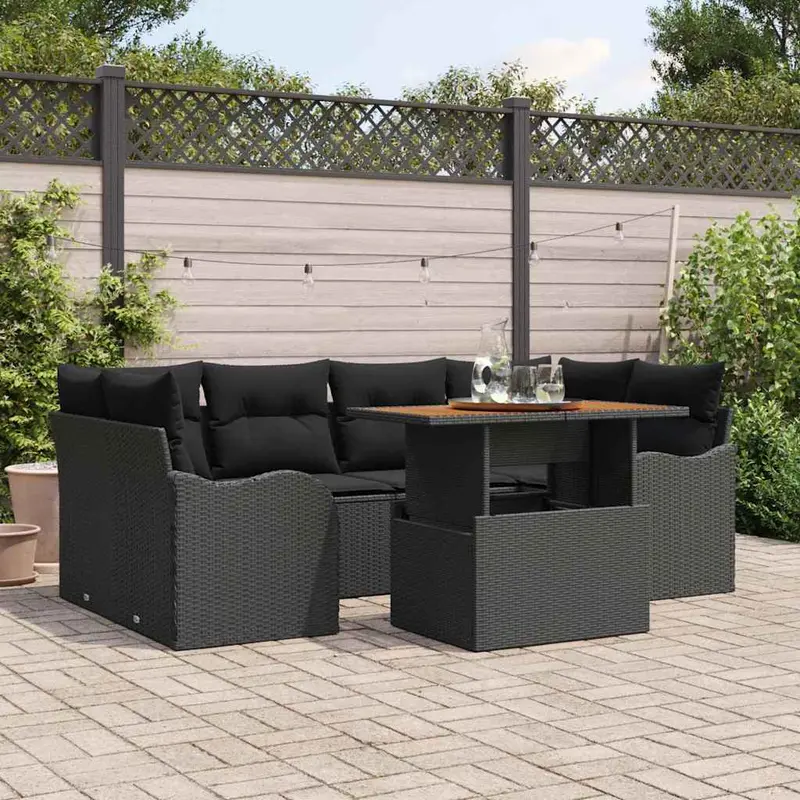 Conjunto de sofá de jardín con cojín Manual 7 pcs Negro