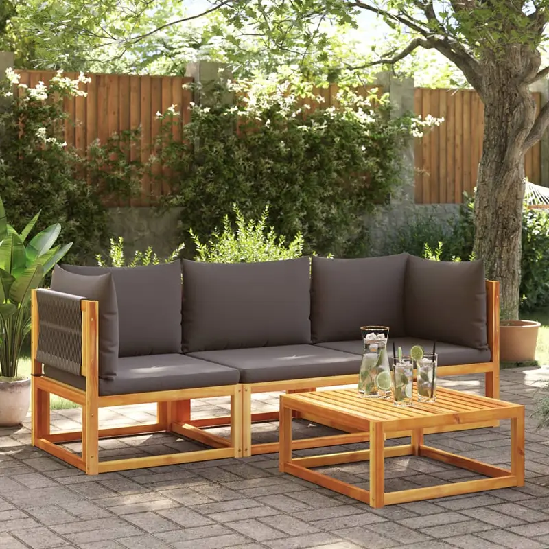 Conjunto de sofá de jardín de 3 piezas con cojines de madera de acacia y cuerda