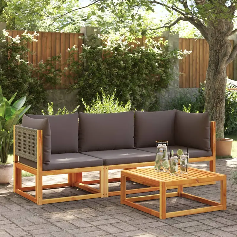 Conjunto de sofá de jardín de 3 piezas con cojines de madera de acacia y ratán