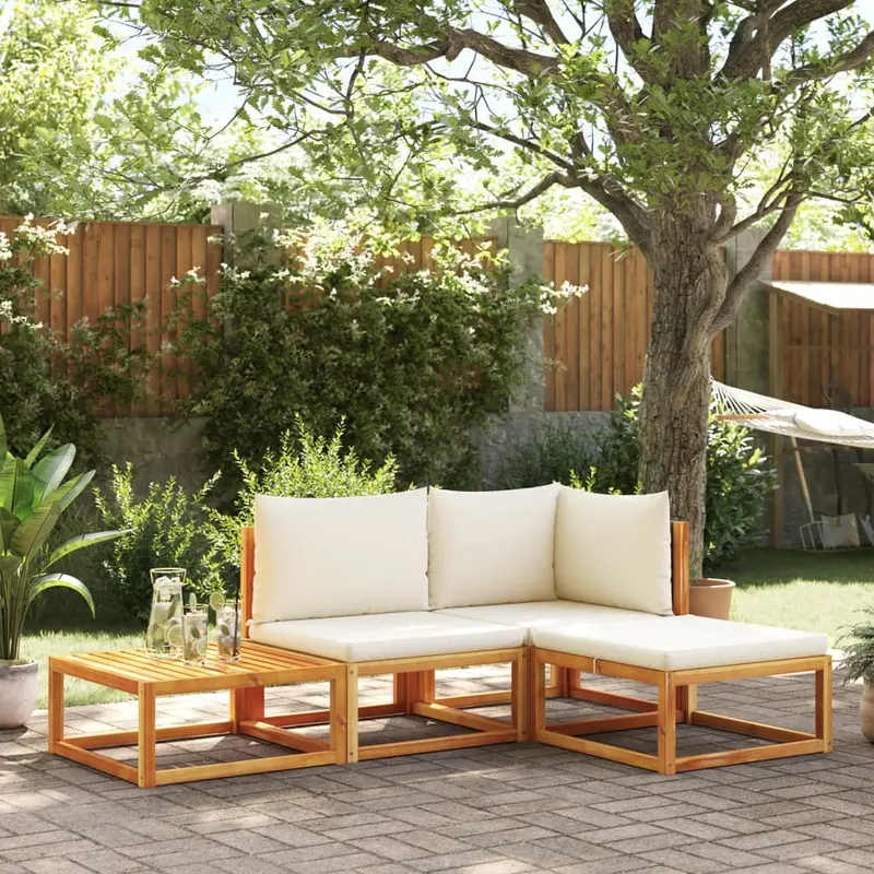 Conjunto de sofá de jardín de 4 piezas con cojines de madera de acacia y ratán