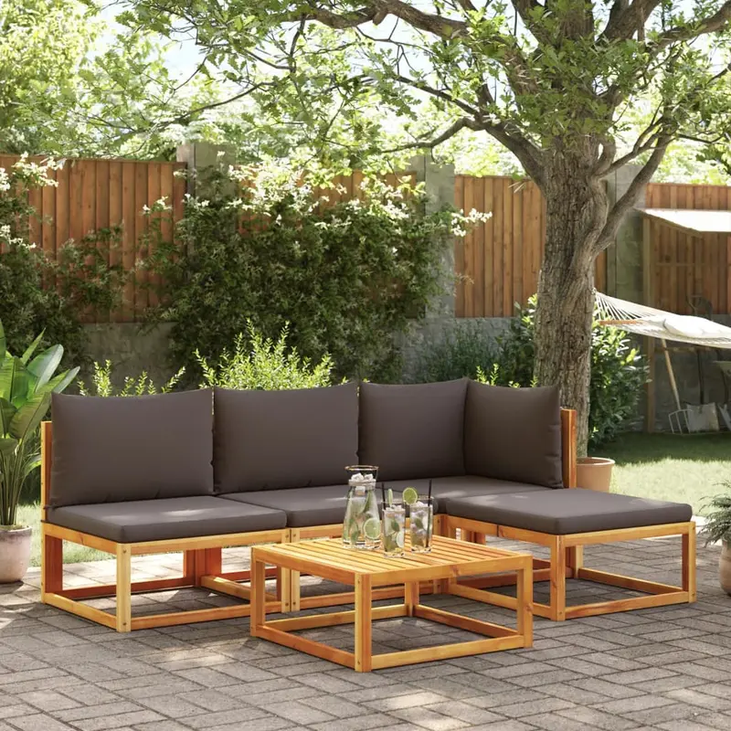 Conjunto de sofá de jardín de 5 piezas con cojines de madera de acacia y cuerda