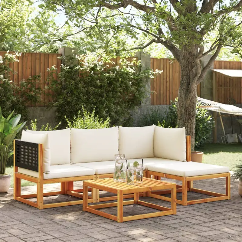Conjunto de sofá de jardín de 5 piezas con cojines de madera de acacia y ratán