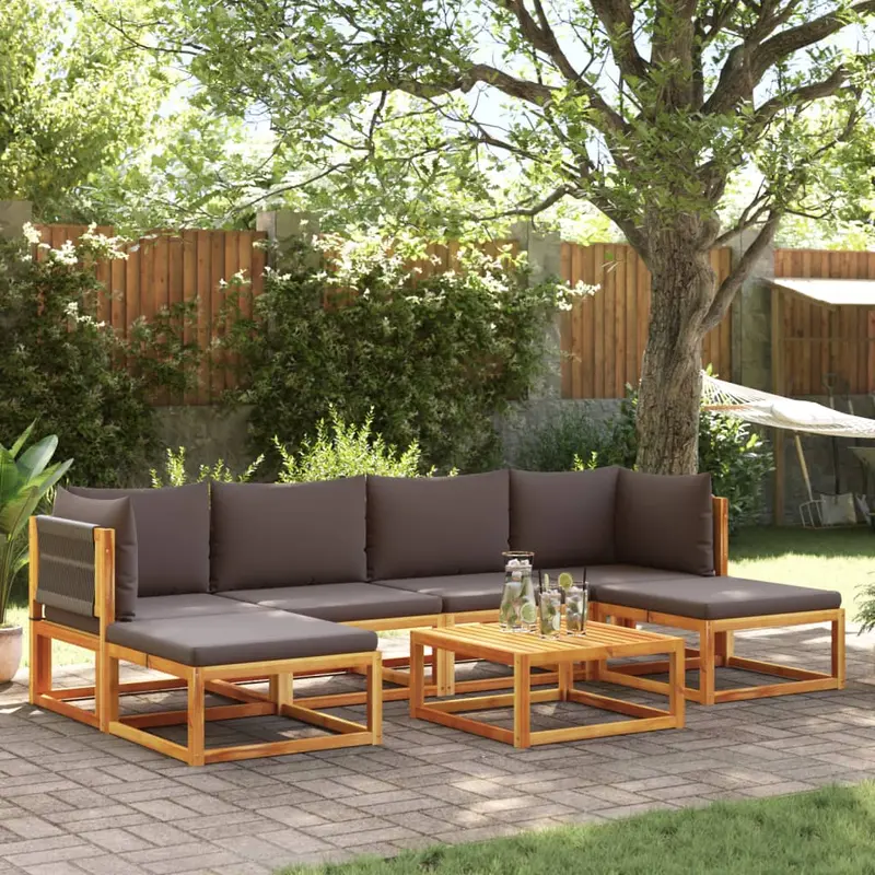 Conjunto de sofá de jardín de 7 piezas con cojines de madera de acacia y cuerda
