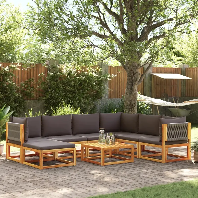 Conjunto de sofá de jardín de 8 piezas con cojines de madera de acacia y cuerda