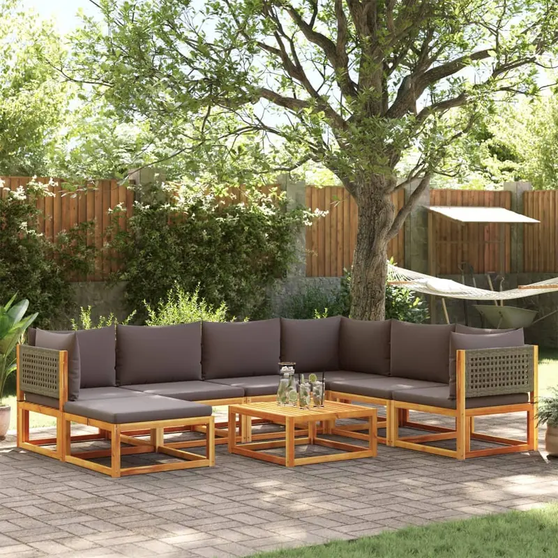 Conjunto de sofá de jardín de 8 piezas con cojines de madera de acacia y ratán